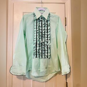 VINTAGE 70's GREEN W/ BLACK TRIM TUXEDO LONG-SLEEVE SHIRT SZ S PALM BEACH